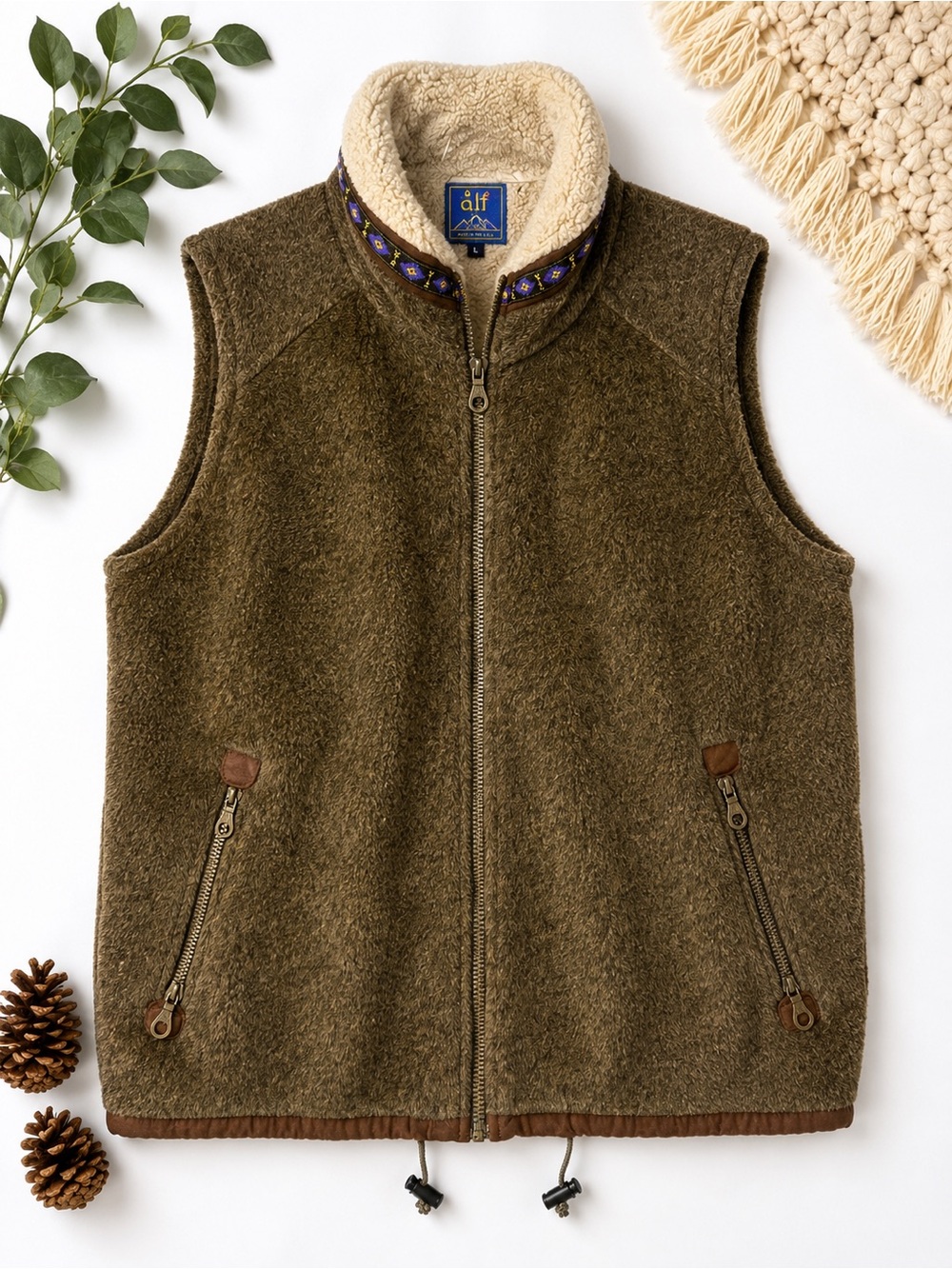 Vintage ALF USA Brown Sherpa Fleece Vest Size Large Outdoor Hiking Cabin